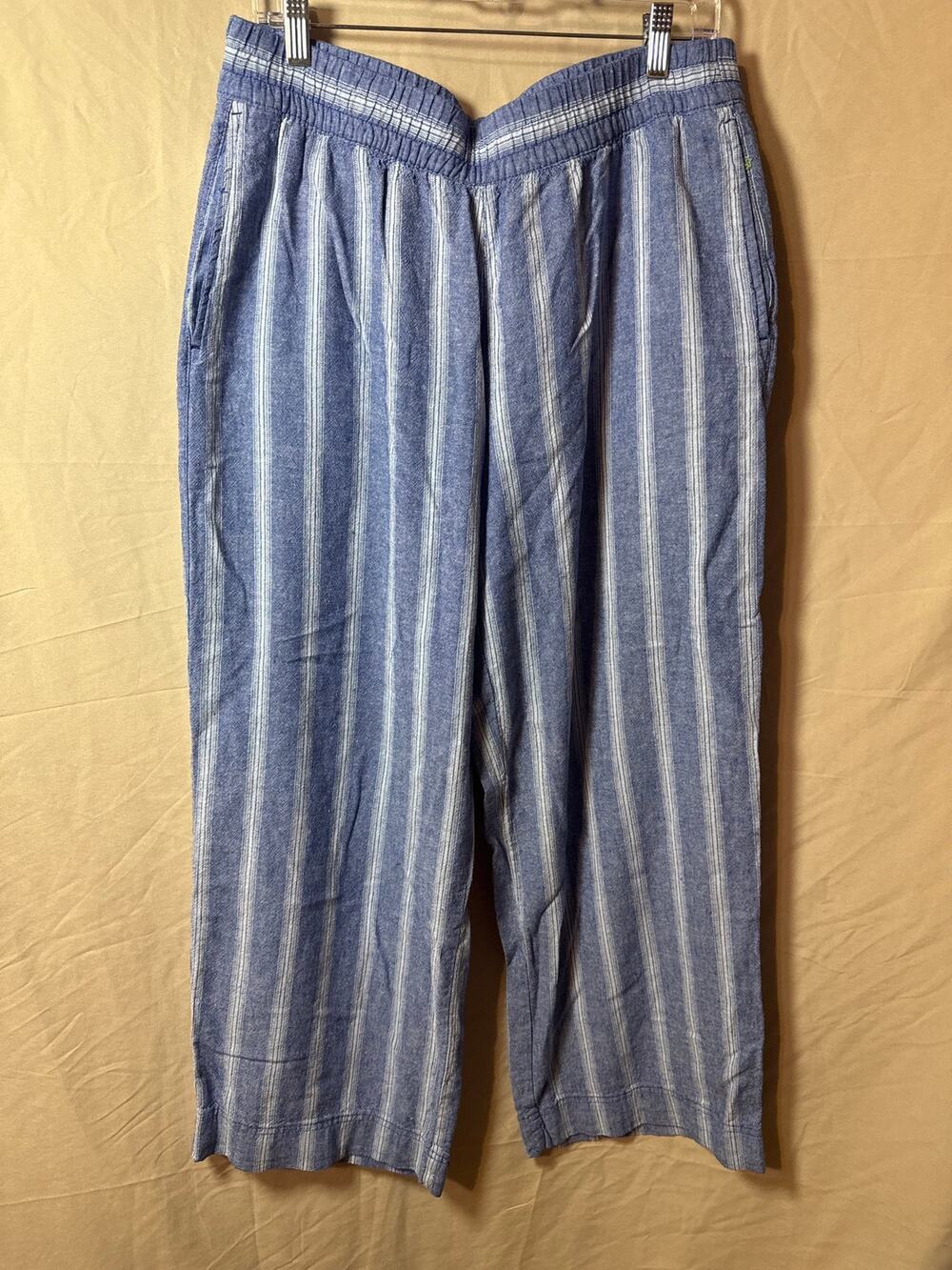 Old Navy Blue White Striped Linen Wide Leg Pants High-Rise Comfort Waist Large L
